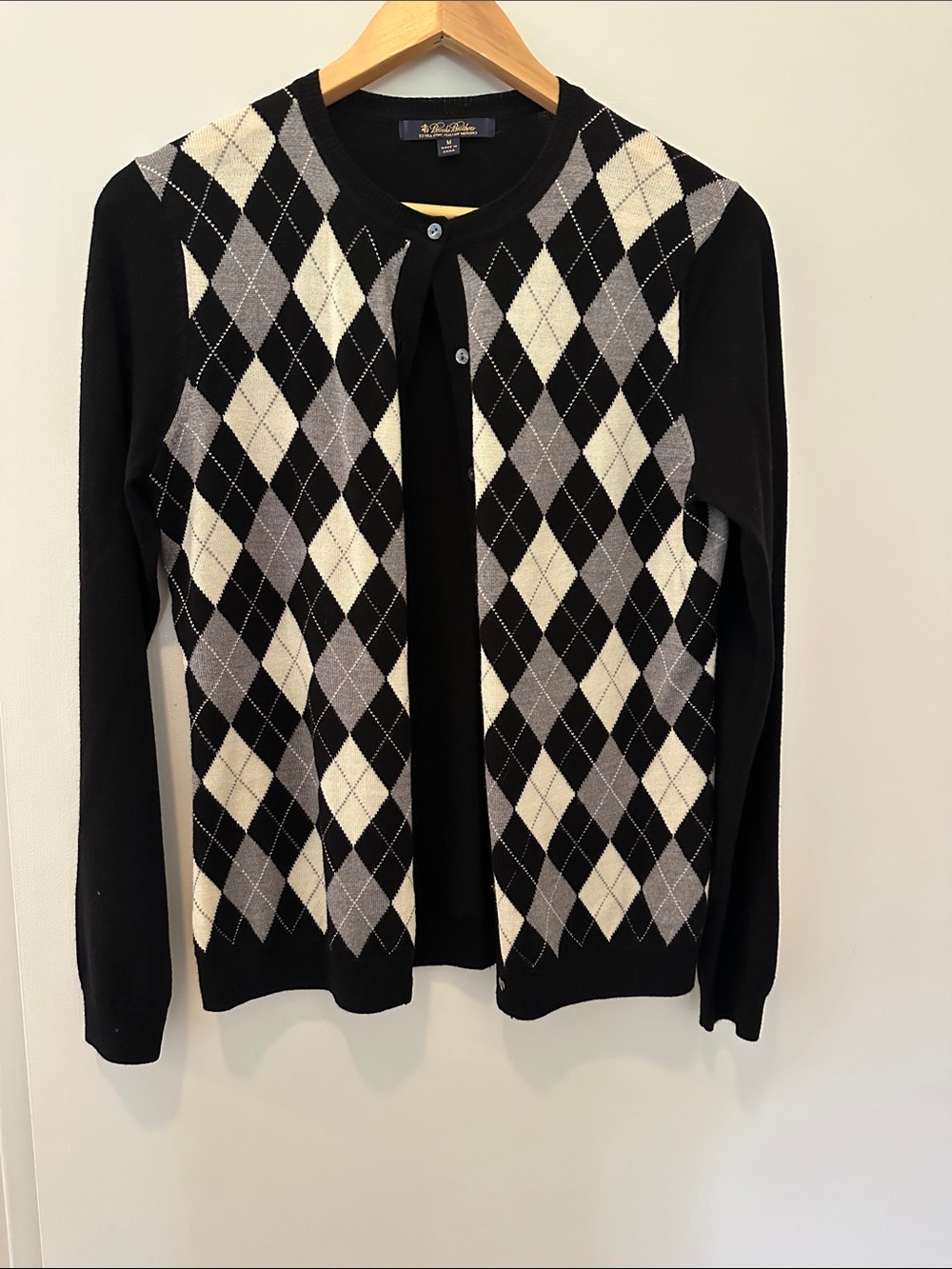 Brooks Brothers Black Argyle Cardigan with Gray & Cream Diamonds